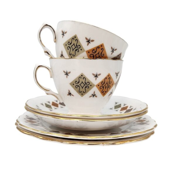 Vtg Colclough Bone China 2 Sets Crispin Pattern 8198 c.1960 Cup Saucer Dessert - Picture 1 of 11
